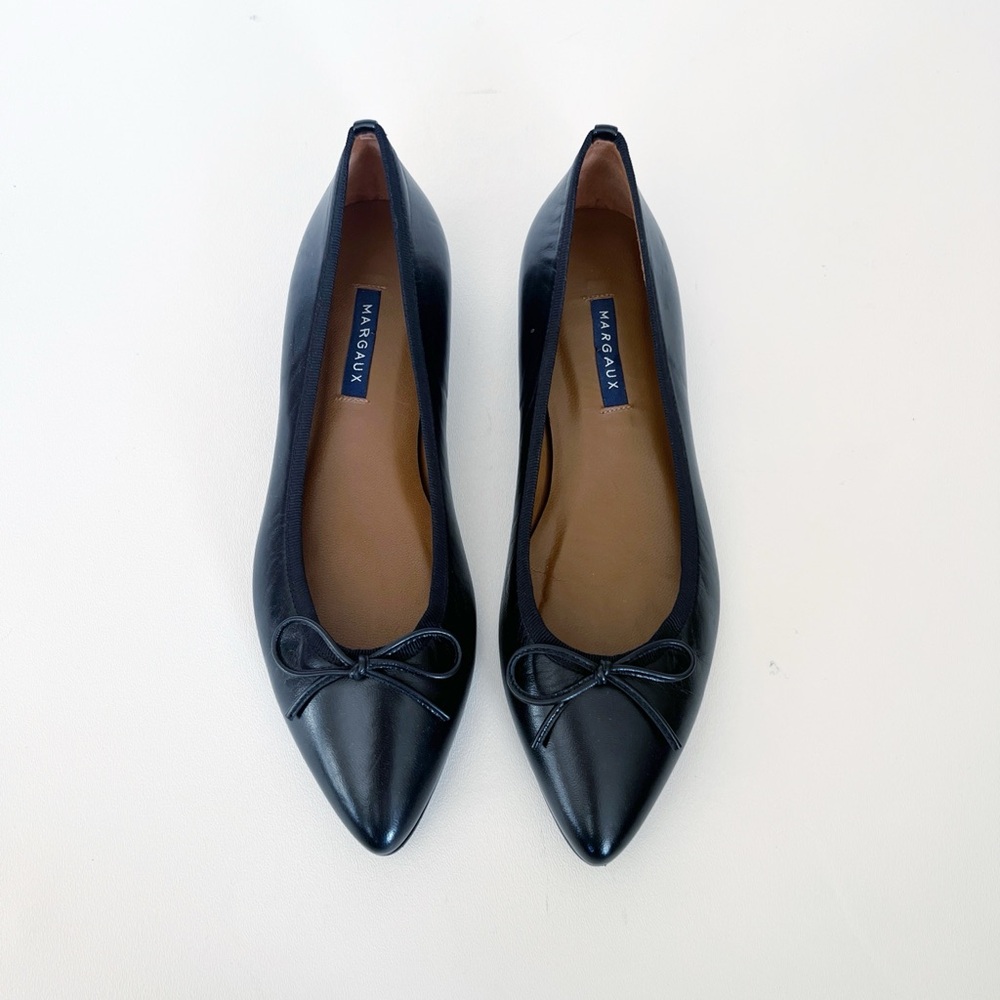 Margaux Black Pointed-Toe Leather Ballet Flats with Bow